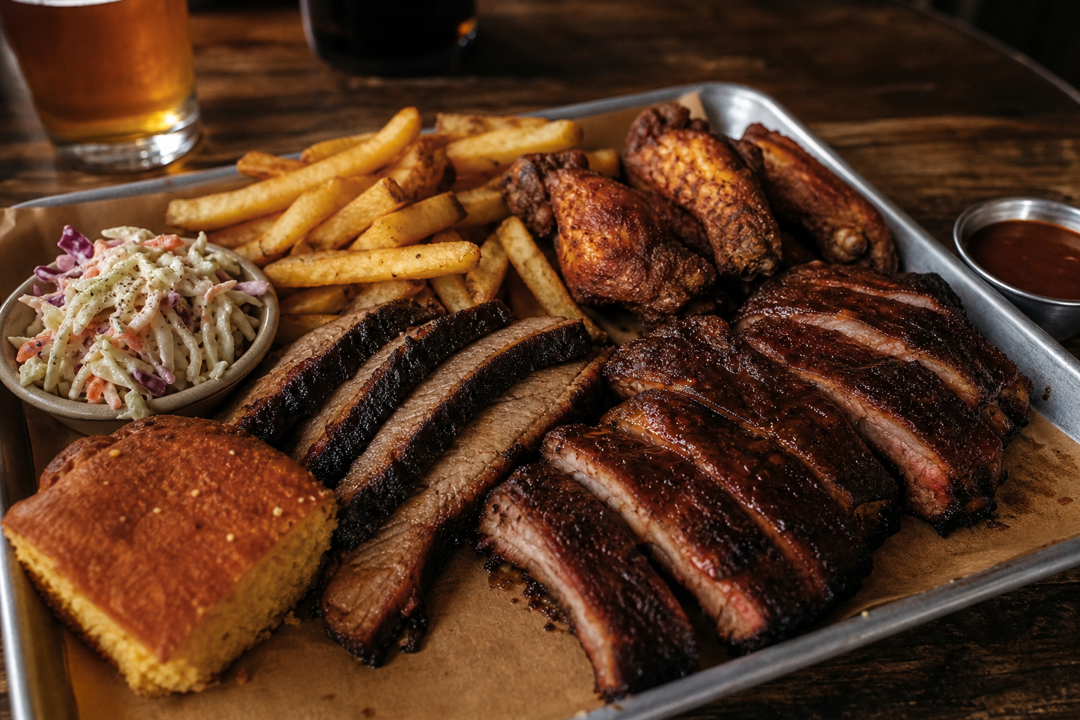 Ribs, brisket, wings, fries, slaw, and cornbread on a smokehouse tray